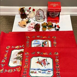 Vintage 1990s Xmas Decorations Pompom Ornaments Holiday Tablecloth Finger Puppet